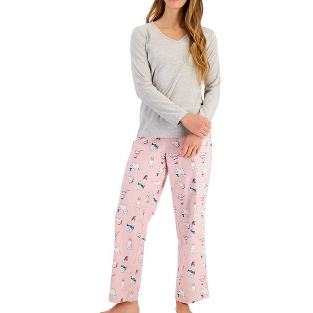 Charter Club V-Neck T-Shirt & Flannel Pants Pajama Set Cats LARGE (6767)